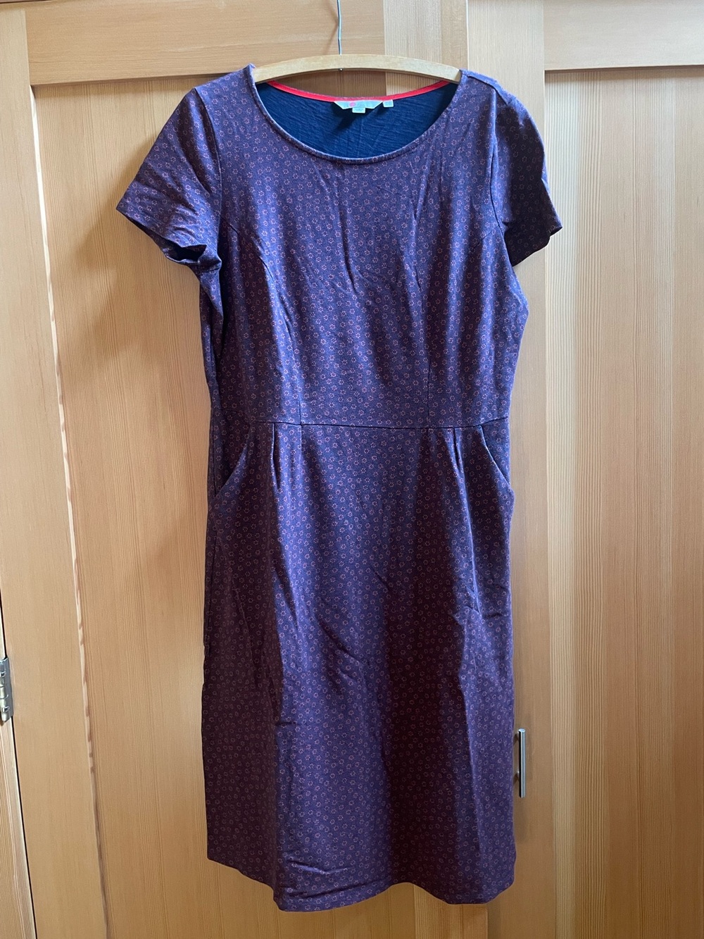 Boden Short-Sleeve dress, 12L, blue with small pink flowers